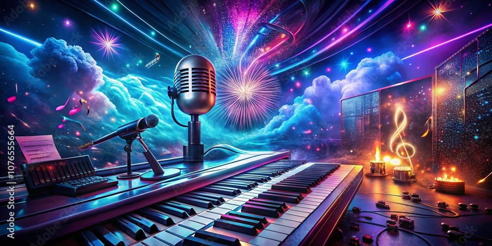 Poster surreal recording studio setup with professional microphone and keyboard, blending reality and imagi