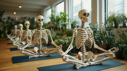 Several skeletons are seated in a yoga pose on mats surrounded by lush greenery in a peaceful indoor studio