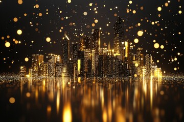 Obraz premium A glowing gold city skyline with light particles on a black background, a futuristic digital technology and architecture concept.
