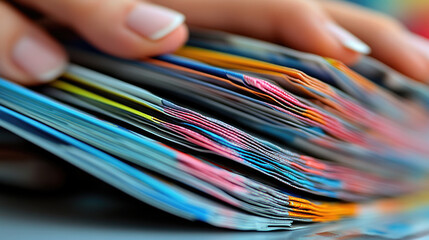 A hand is seen sorting through a vibrant collection of magazines neatly stacked on a table, showcasing an array of colors and textures