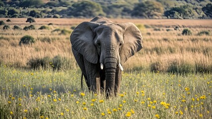 Fototapeta premium AI generated a large elephant stands in a field of yellow wildflowers. 
