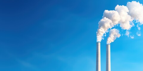 Smokestacks release clouds of steam against a clear blue sky, showcasing industrial impact.