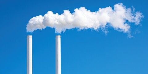 Smoke billowing from industrial chimneys against a clear blue sky.