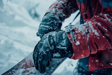 Snowboarder Adjusts Gear in Powdery Snow Environment