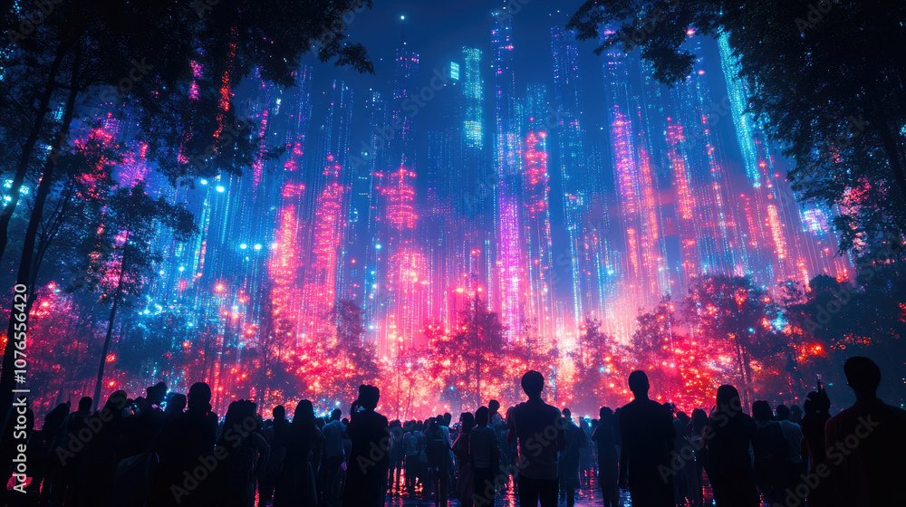 Poster a crowd gathers in awe as they experience a stunning array of colorful lights illuminating the fores
