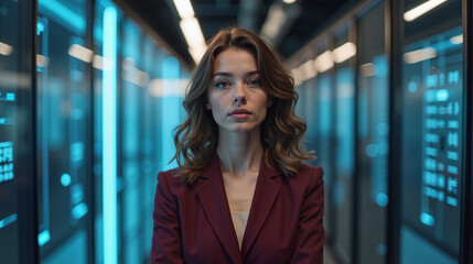 Confident woman with serious expression standing in futuristic data center