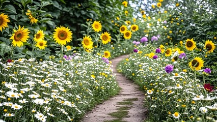AI generated a dirt path winds through a vibrant garden overflowing with sunflowers and daisies, interspersed with purple globe thistle