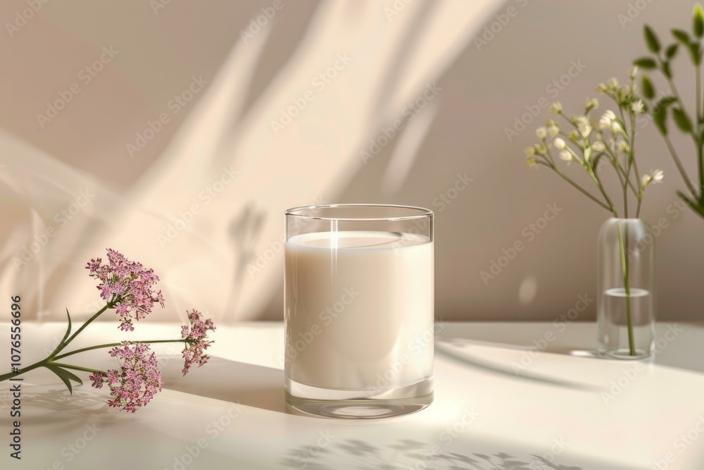 Poster glass of milk standing on a white table with flowers in a minimalist setting casting shadows