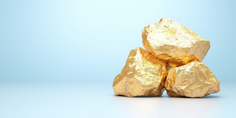 Three shiny gold nuggets stacked together on a soft blue background, symbolizing wealth.