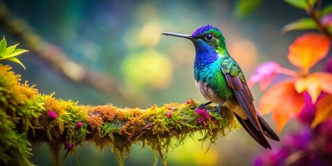 Fototapeta premium Surreal Scene of an Ecuadorian Hillstar Hummingbird Perched on a Lush Tree Branch in a Dreamlike Ecuadorian Landscape with Ethereal Colors and Elements