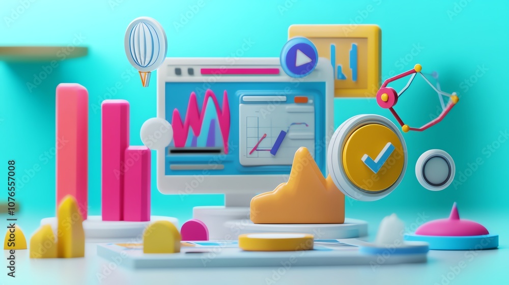 Poster 3d illustration of a computer monitor displaying a graph with a colorful data visualization surround