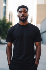 Stylish black T-shirt mockup on a cheerful young boy, ideal for presenting brand logos or custom designs.