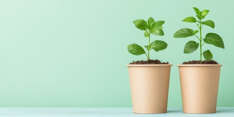 Fototapeta premium Two small green plants growing in beige pots against a light green background.
