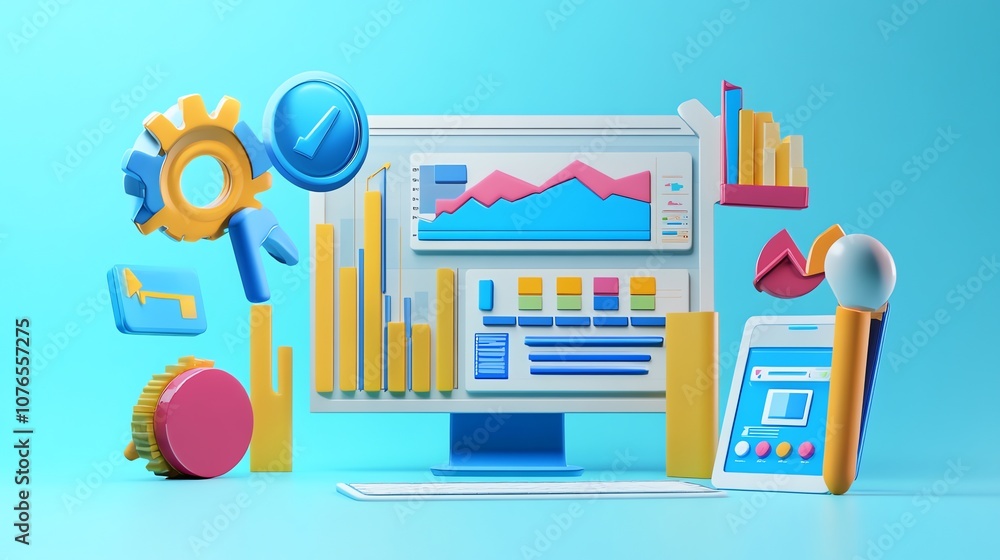 Poster 3d illustration of a computer monitor displaying a graph with a colorful data visualization surround