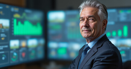 Confident senior businessman analyzing data against financial screens