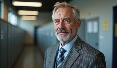 Naklejka premium Senior businessman with confident expression standing in office hallway
