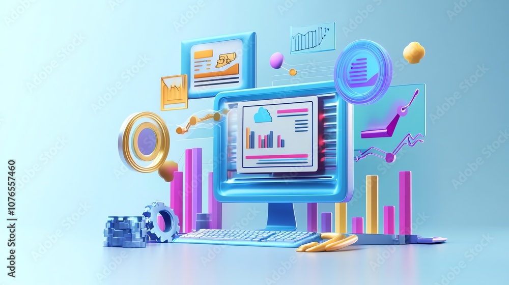 Poster 3d illustration of a computer monitor displaying a graph with a colorful data visualization surround
