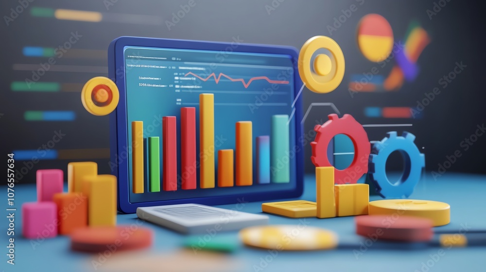 Poster 3d illustration of a computer monitor displaying a graph with a colorful data visualization surround