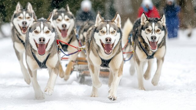 Speeding Through Winter Wonderland Team of Alaskan Huskies Sledding Across Snowy Terrain