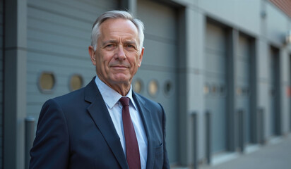Confident senior businessman with determined expression standing against modern building facade