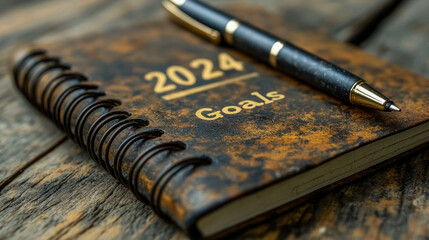 A leather notebook labeled 2024 Goals sits on a weathered wooden surface accompanied by a stylish pen, symbolizing future aspirations