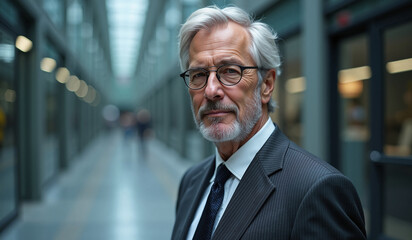 Senior businessman with confident expression in modern office corridor