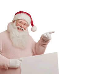 Isolated santa claus is pointing and smiling. Santa is holting a sign. Advertisement. Transparent. Template. 
