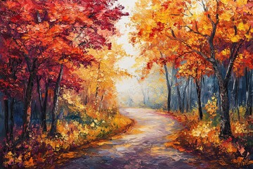 Fototapeta premium An oil painting of an autumn forest with trees displaying red, orange, and yellow leaves. A road is visible through the foliage