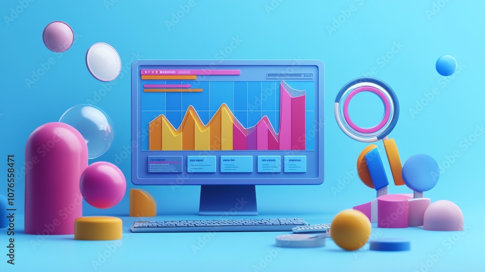 Poster 3d illustration of a computer monitor displaying a graph with a colorful data visualization surround