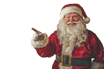Isolated santa claus is pointing and smiling. Santa is holting a sign. Advertisement. Transparent. Template. 