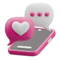 3D Illustration of Smartphone with Heart and Chat Bubble Icons for Communication