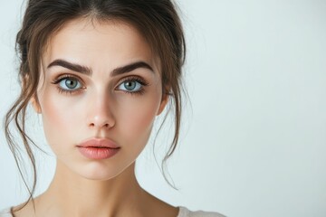 Naklejka premium A woman's face with blue eyes stares at the camera.