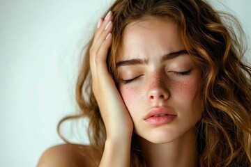 Woman with freckles, closed eyes, and long hair.
