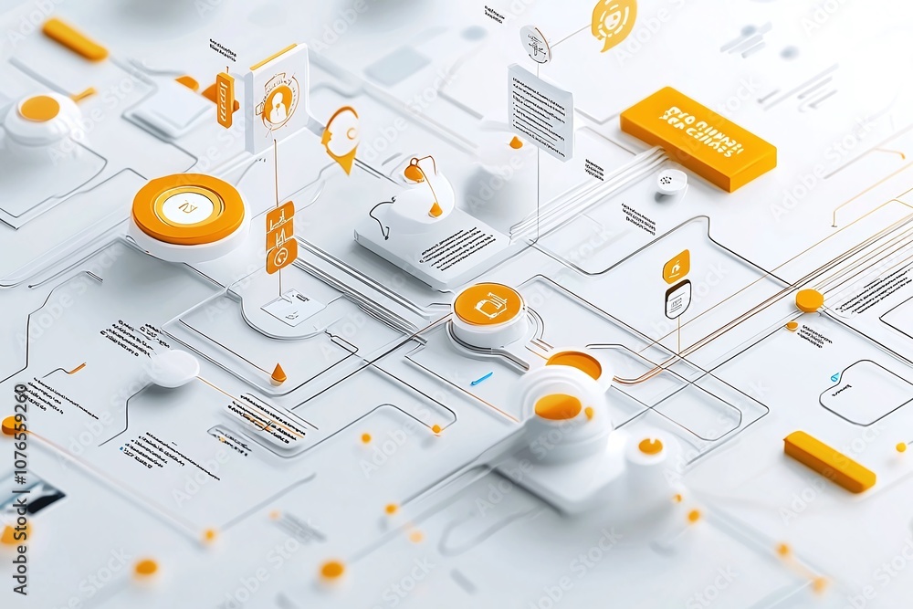Poster abstract 3d flowchart with yellow and white elements.