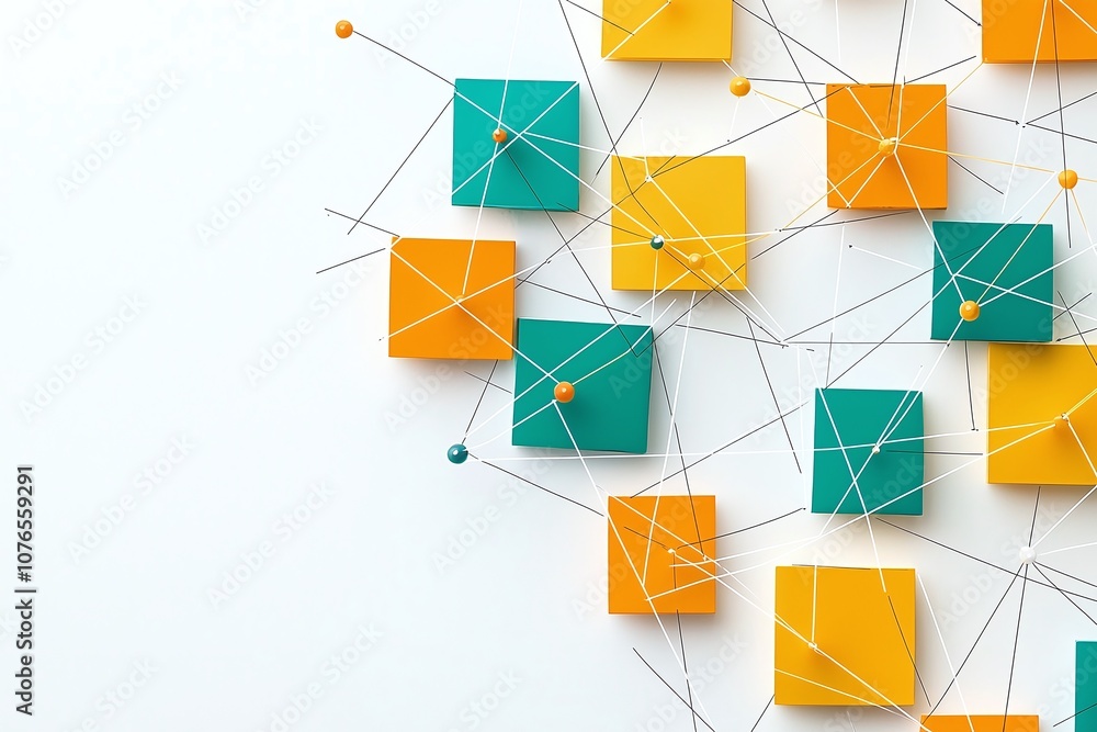 Poster colorful squares connected by strings on white background.