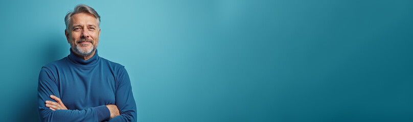 Fototapeta premium Mature man confidently smiling with arms crossed against teal background with copy space