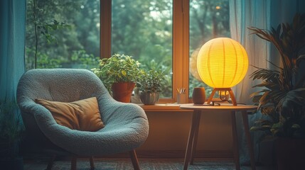 Cozy living room with a comfortable armchair, a table lamp, and potted plants by a window.