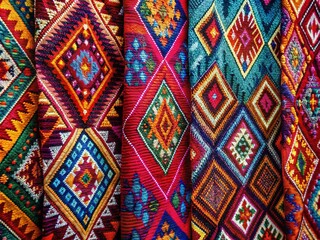 Traditional Ikat Fabric Pattern with Geometric Ethnic Embroidery Style, Perfect for Home Decor and Fashion Design, Showcasing Vibrant Colors and Intricate Details