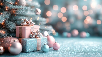 Christmas tree with presents and Christmas toys, delicate pastel colors