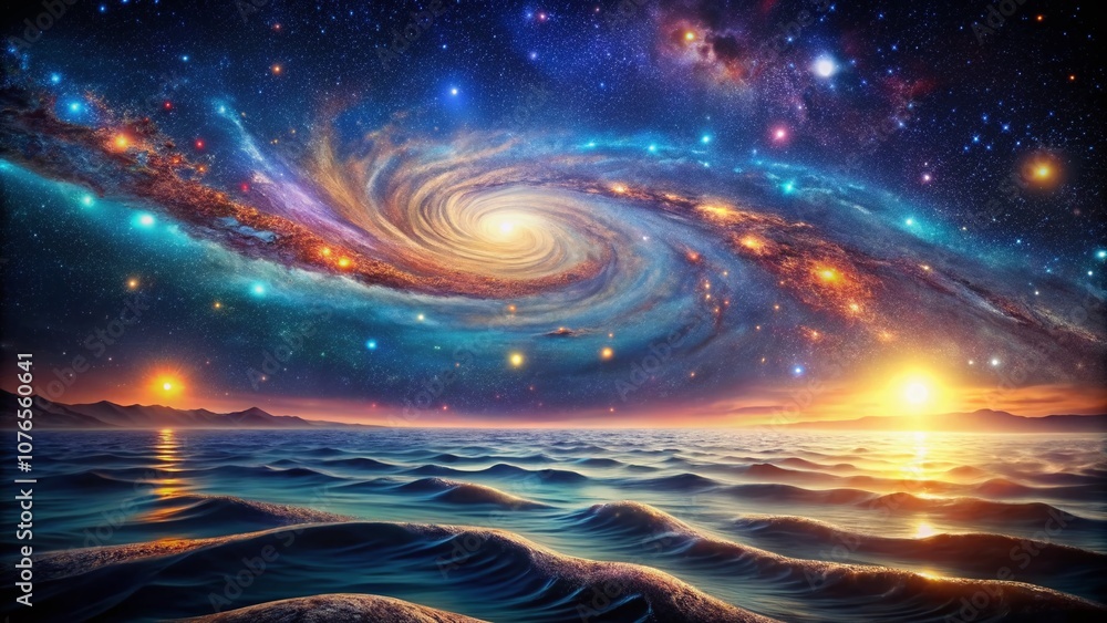 Poster tranquil galaxy waves in a peaceful scene: a stunning display of celestial colors and gentle cosmic 