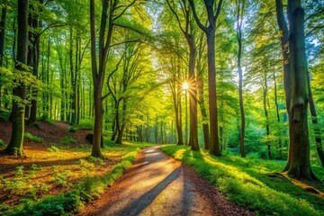 Obraz premium Tranquil Forest Pathway Through Lush Green Trees Inviting Nature Walks and Scenic Adventures in Serene Wilderness