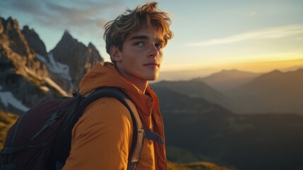 Fototapeta premium Young man with casual outdoor look vlogging from a mountain peak, holding a camera with scenic landscape views at sunset, wearing a backpack and hiking attire, capturing adventure and nature.
