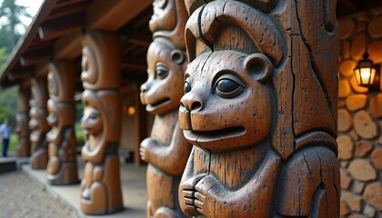 Native American Totem Poles With Intriguing Expressions Against Rustic Building Backdrop