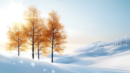 Obraz premium The winter scene is a breathtaking sight with snow covered hills that glisten under the bright sun, casting a golden hue over the pristine landscape