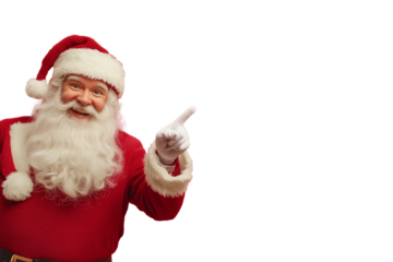 Isolated santa claus is pointing and smiling. Santa is holting a sign. Advertisement. Transparent. Template. 