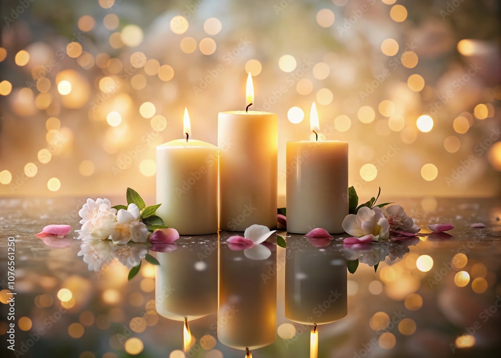 Poster tranquil scene of three burning candles surrounded by petals on a reflective surface with bokeh ligh