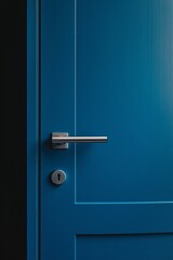 A blue door with a silver handle, close-up, in a simple, minimalistic style