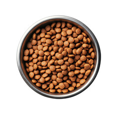 Close-up of dry pet food in a stainless steel bowl