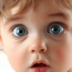 Close up of a baby's face with wide eyes.
