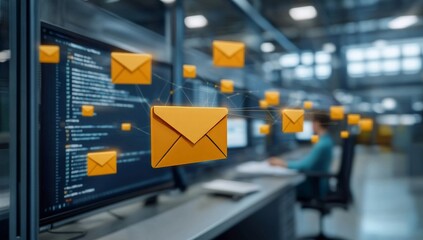 Digital Illustration of an Email Network with Orange Envelopes and Yellow People Icons